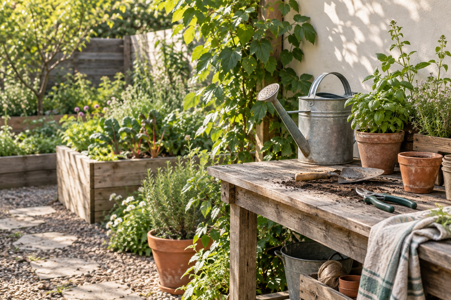 Garden tools and pots on a sunlit garden workbench
