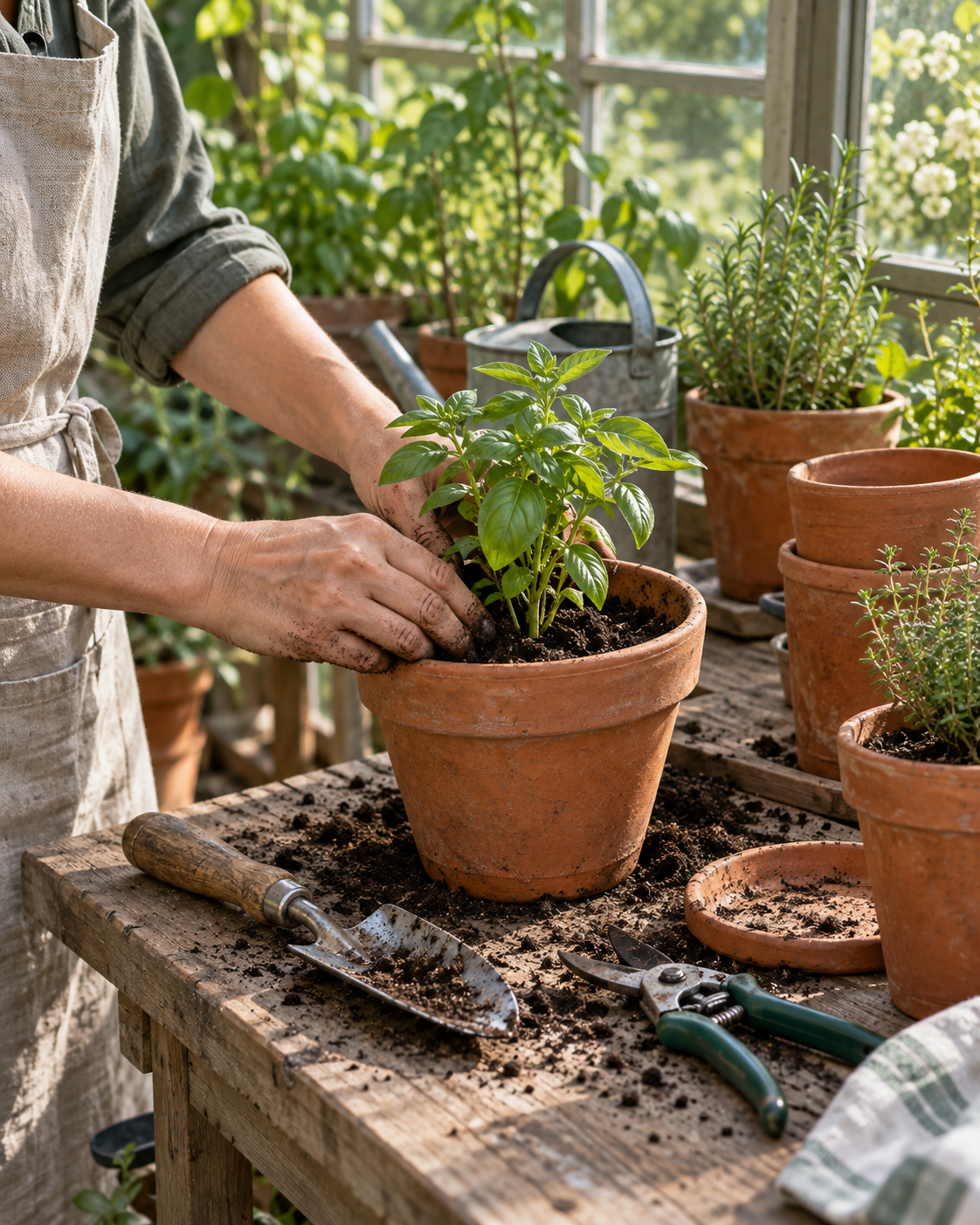 Hands potting a young herb plant at a sunlit garden bench